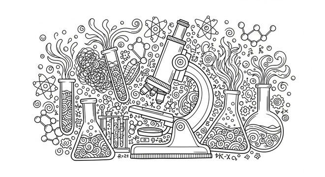 A detailed black and white doodle illustration of scientific laboratory equipment and molecular structures.