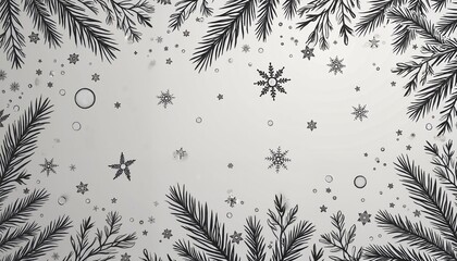 Chic Christmas background with black pine branches and snowflakes on pale gray backdrop