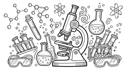 Black and white illustration of a microscope and laboratory equipment, science concept.