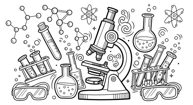 Black and white illustration of a microscope and laboratory equipment, science concept.