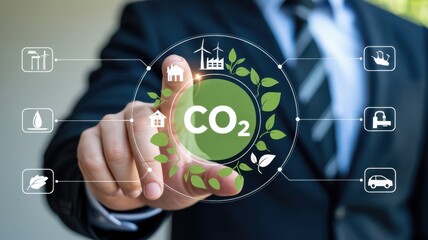 Business professional interacts with a circular digital interface symbolizing carbon dioxide reduction and sustainability initiatives