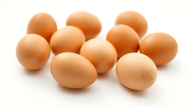 highkey. Fresh brown eggs arranged elegantly on a pristine white surface, emphasizing natural simplicity. menu design, packaging mockups, designed for culinary blogs and recipe cards for restaurants.
