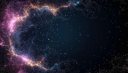 A swirling cloud of pink and blue glowing particles and distant stars forms an abstract nebula in the darkness of space.