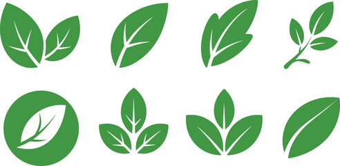 Green leaf icon set featuring eco foliage symbols, minimalist botanical elements, organic nature design collection