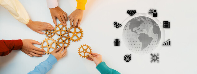 Diverse hands work together with gears, symbolizing collaboration and strategic planning, alongside global icons representing innovation and business growth. Trope