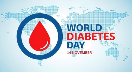 World diabetes day awareness poster with a blood drop on world map background