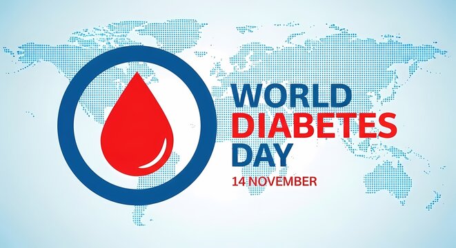 World diabetes day awareness poster with a blood drop on world map background - Powered by Adobe