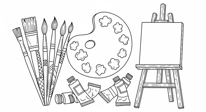 Line art drawing of various art supplies including paintbrushes, a palette, paint tubes, and an easel with a blank canvas.