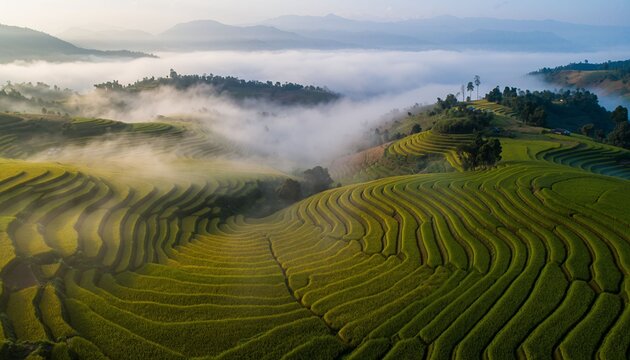 Aerial view of green terraced rice fields with morning fog in mountainous landscape