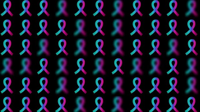 seamless pattern with teal pink blue thyroid cancer awareness month glossy satin ribbon sign symbol geometric motif background, animated ribbon bow random blurred popup video black screen backdrop bg