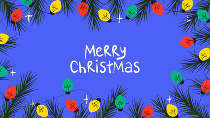 Doodle colorful garland banner filled with Christmas lights and pine branches . Illustration for greeting cards, posters, or winter decor. © Ayaulym
