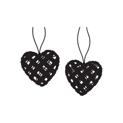 Two Black Silhouette Woven Hearts Hanging on Strings for Decoration.
