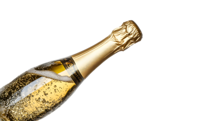 Closeup of a champagne bottle with golden foil isolated on transparent background, celebrating a special occasion