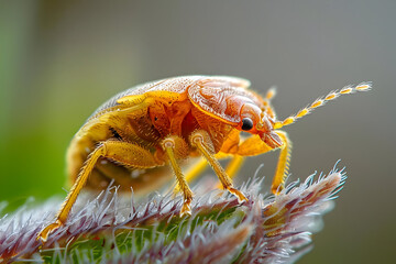 Close Up of a Small Yellow Beetle on a Plant