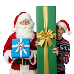 Santa and man proudly display holiday gifts isolated on transparent background