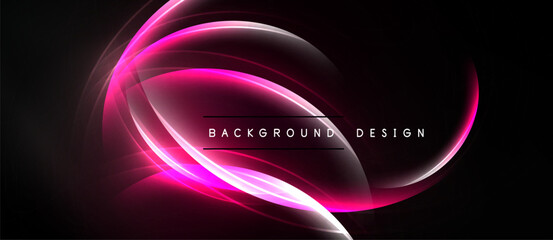 Abstract pink neon lines over black background. Modern design element, dynamic curves, glowing effect. Simple, elegant composition.