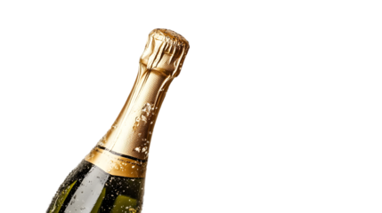 Close up of a champagne bottle with condensation isolated on transparent background, ready for celebration