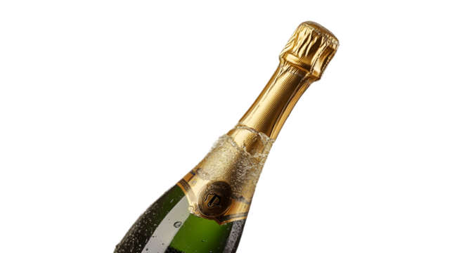 Close up of a champagne bottle with condensation isolated on transparent background, ready for celebration