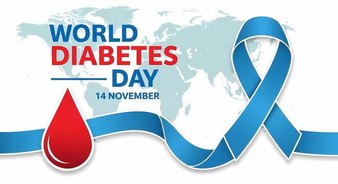 World diabetes day illustration with ribbon and blood drop isolated on white background