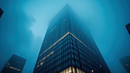 Skyscraper in Foggy Blue Urban Landscape