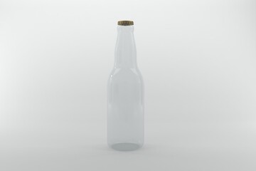 Empty glass beer bottle with cap against white backdrop, perfect for product mockups and advertising