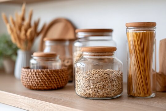 Various dry food ingredients including pasta and grains are neatly stored in clear glass jars with wooden lids on a shelf.