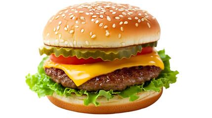 Delicious cheeseburger with beef patty, lettuce, tomato, cheese, and pickles isolated on transparent background