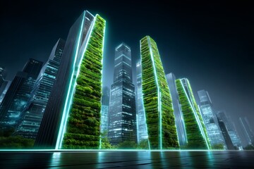 Modern skyscrapers with tall green living walls stand illuminated at night against a dark city background.