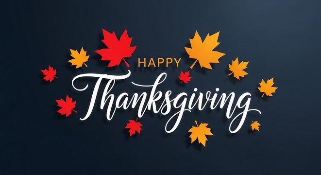Happy thanksgiving day with leaves on dark background for holiday celebration - Powered by Adobe