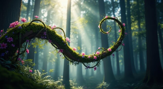 Enchanted forest branch with pink flowers and moss nature