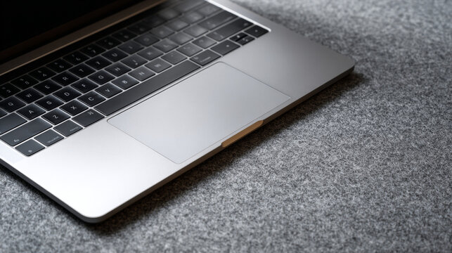 Close-up of a modern laptop keyboard and trackpad on a textured gray fabric surface with soft natural lighting