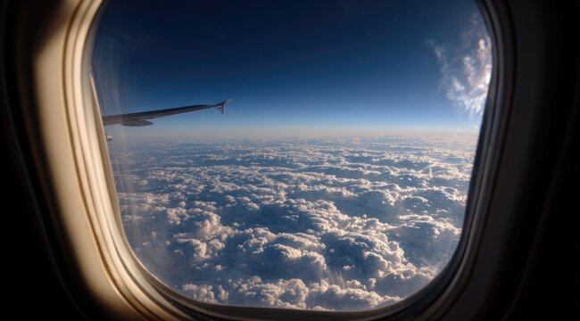 High-altitude view from an airplane window. A vast expanse of white clouds stretches across the sky, with a clear blue horizon visible above. Airplane wing visible at the top right