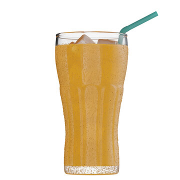 Glass of orange soda with ice, droplets, straw isolated transparent background 3d rendering PNG
