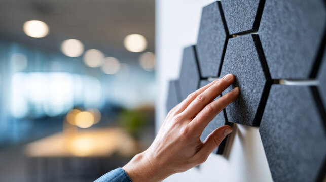 Close-up of hand touching hexagonal acoustic panels on wall in modern space with blurred background