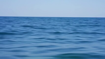 Gentle rippling water stretches to a horizon, under a pale sky. Calm, blue tones dominate the scene