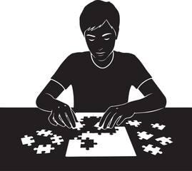 Person completing a jigsaw puzzle with focused concentration tabletop activity