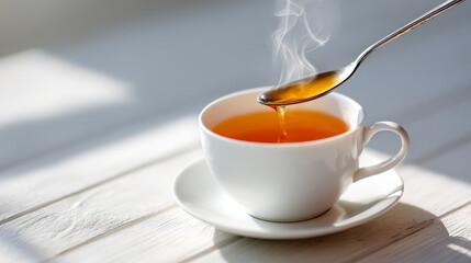 Steaming hot tea in white ceramic cup with honey dripping from spoon over wooden table in natural light
