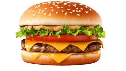 Appetizing cheeseburger with beef patty, lettuce, tomato, cheese, and sauce isolated on transparent background