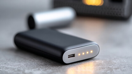 Close-up of a portable black power bank with LED battery indicator lights on a gray surface with blurred background