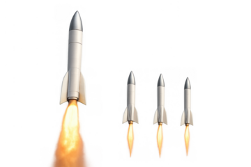 Military rockets launching with fire and propulsion on a transparent background, symbolizing war, defense, and destruction