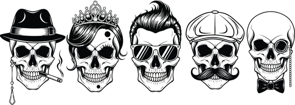 Gangster Skulls Hipster Gentlemen Mafia Vector Set