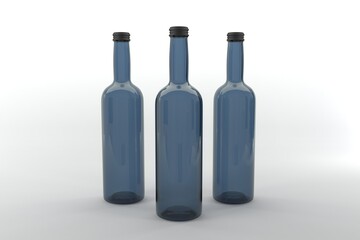 Three elegant blue glass bottles with dark caps, perfect for wine, spirits, or creative designs