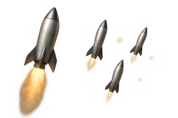 Rockets launching and flying through space, demonstrating propulsion and reaching new heights, transparent background