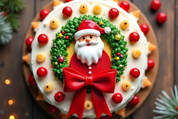 Festive christmas cake decorated with santa claus and a holly wreath