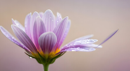 Close-up of a delicate light purple aster flower with water droplets against a soft background