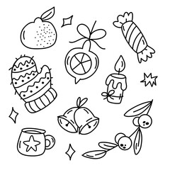 Christmas doodle collection with festive holiday elements. Hand-drawn Christmas doodle set featuring sweets, candles, decorations and cozy winter elements for seasonal designs and holiday themes.