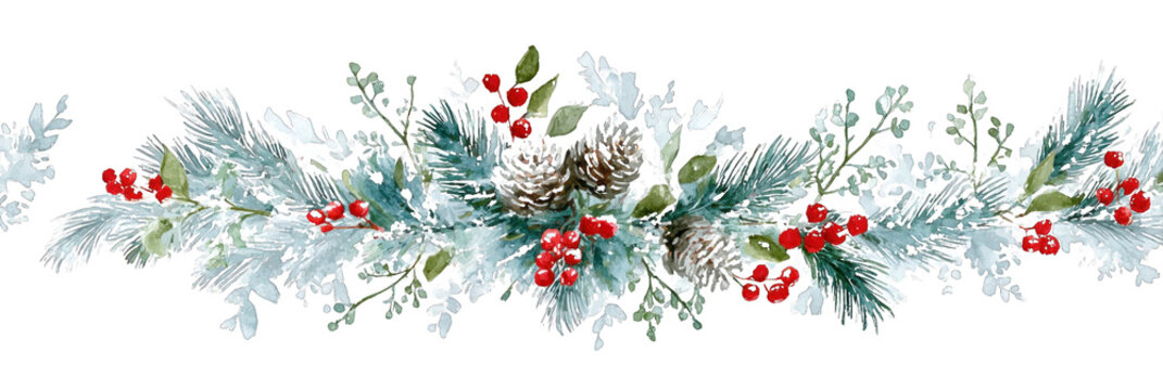 Watercolor Christmas Winter Garland Border with Pine, Berries, and Pine Cones on Isolated Background