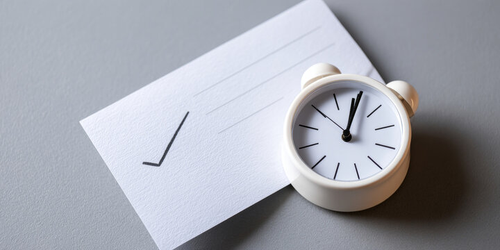 White alarm clock showing time next to a checklist card with a checkmark on gray surface, symbolizing time management and task completion