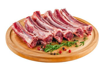 Fototapeta premium Fresh raw lamb ribs arranged on a wooden cutting board garnished with aromatic herbs and colorful peppercorns. ready for cooking or grilling. highlighting culinary preparation in a clean kitchen envir
