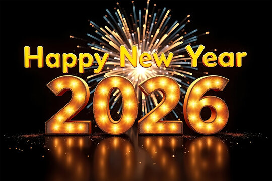 Bright illuminated 2026 numbers with fireworks and happy new year text